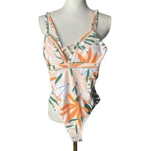 Cupshe Wm’s Med Pink Orange Padded Jade Leafy Lace Up Back One Piece Swimsuit